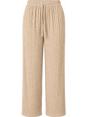Juuuj Bej Bürümcük Dokulu Beli Lastikli Rahat Form Polyester Kumaş Geniş Paça Pantolon
