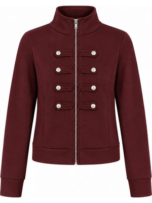 Juuuj Bordo Dik Yaka Fermuarlı Kristal Taş Düğme Detaylı Uzun Kollu Dar Kesim Sweatshirt