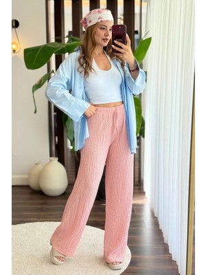 Juuuj Pembe Bürümcük Dokulu Beli Lastikli Rahat Kesim Polyester Kumaş Geniş Paça Pantolon