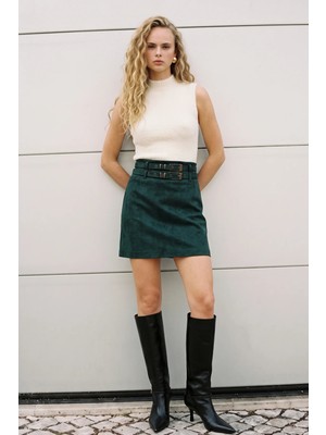 Sateen Süet Çift Kemerli Mini Etek - Zümrüt