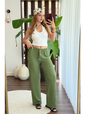Juuuj Yeşil Bürümcük Dokulu Beli Lastikli Rahat Kesim Polyester Kumaş Bol Paça Pantolon