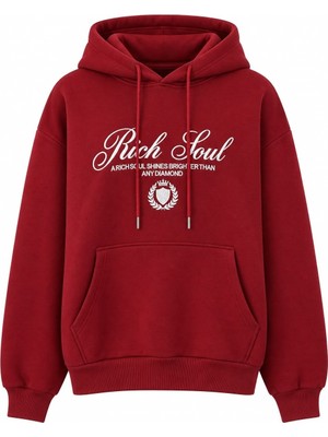 Juuuj Bordo Pamuklu Karışım Kapüşonlu Düşük Omuz Oversize Baskılı Kanguru Cep Sweatshirt