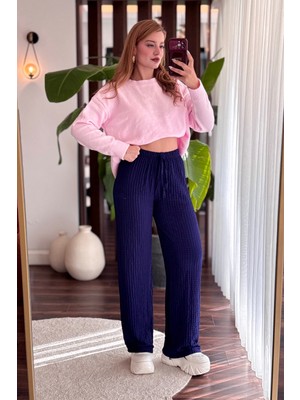 Juuuj Lacivert Bürümcük Dokulu Beli Lastikli Rahat Kesim Polyester Kumaş Bol Paça Pantolon
