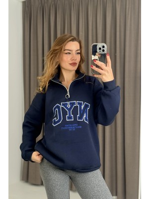 Juuuj Lacivert Pamuklu Karışımlı Dik Yaka Oversize Fermuar Detaylı Nakışlı Sweatshirt