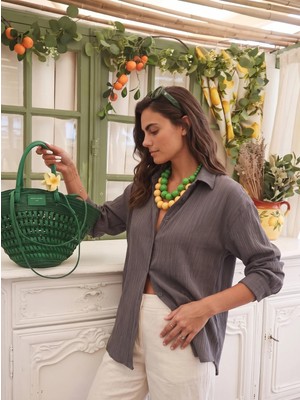 Juuuj Füme Pamuklu Karışımlı Bürümcük Dokulu Düşük Omuz Oversize Düğmeli Basic Gömlek