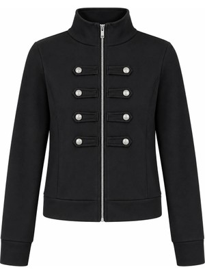 Juuuj Siyah Dik Yaka Fermuarlı Kristal Taş Düğme Detaylı Uzun Kollu Manşetli Örme Sweatshirt