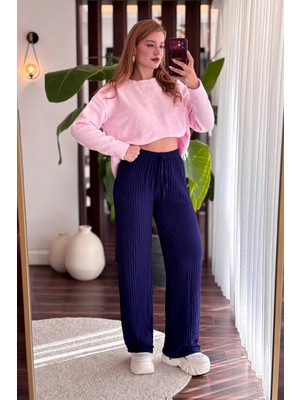 Juuuj Lacivert Bürümcük Dokulu Beli Lastikli Rahat Kesim Polyester Kumaş Bol Paça Pantolon