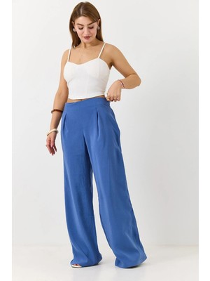 Juuuj Mavi Dokuma Kumaş Beli Lastikli Yandan Fermuarlı Salaş Kesim Mevsimlik Geniş Paça Pantolon