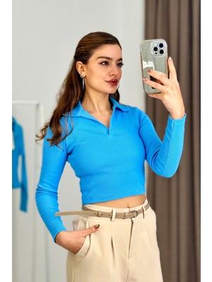 Juuuj Mavi Fitilli Esnek Dokulu Polo Yaka Uzun Kollu Dar Kesim Crop Form Örme Üst Bluz