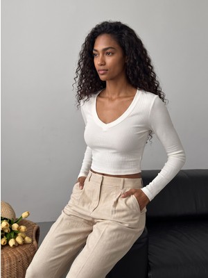 Juuuj Ekru Esnek Dokulu V Yaka Uzun Kollu Dar Kesim Basic Günlük Örme Crop Bluz