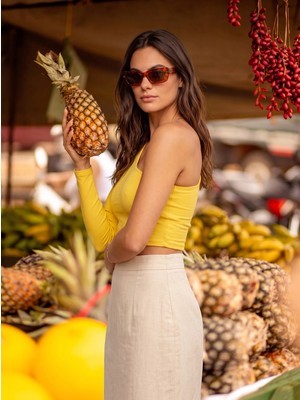 Juuuj Sarı Pamuklu Esnek Kumaş Tek Omuz Uzun Kollu Dar Kesim Crop Bluz