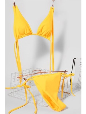 Lux Store Cj Kadın Sarı Yandan Bağlamalı Tangalı Üçgen Bikini Mayo Takımı
