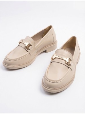 MCasering Günlük Kadın / Kız Oxford Kolej Loafer Nonu Toka Bej Cilt Ayakkabı Bej 37 Kısa Topuklu (1- 4 Cm) Düz Suni Deri