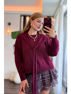 Juuuj Bordo Triko Örgü Bisiklet Yaka Uzun Kollu Patchwork Detaylı Standart Form Kazak