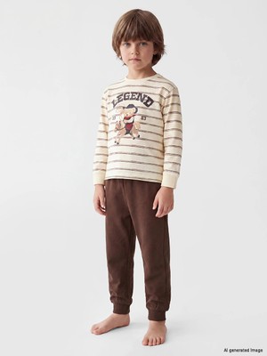 Lc Waikiki Yeni Sezon Ekru Bisiklet Yaka Baskılı Erkek Çocuk Pijama Takımı