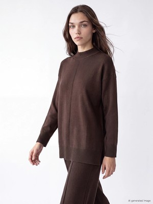Lc Waikiki Yeni Sezon Kahverengi Yarım Balıkçı Yaka Kadın Oversize Triko Tunik