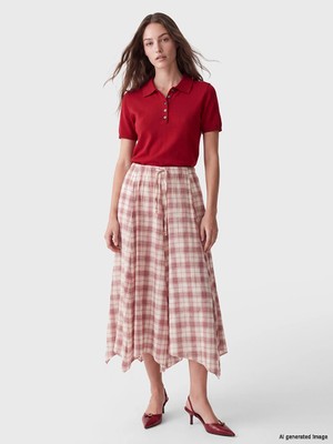 Lc Waikiki Yeni Sezon Pembe Beli Lastikli Ekose Asimetrik Etek