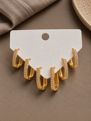 Serelya Gold Renk Zirkon Taşlı Pirinç Kare Model Halka Kadın Küpe Seti
