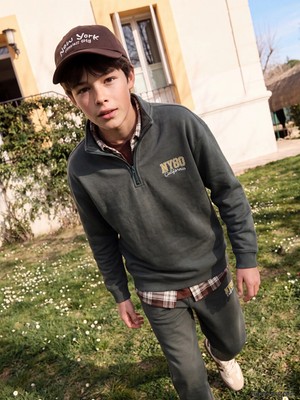 Lc Waikiki Yeni Sezon Yeşil Dik Yaka Baskılı Erkek Çocuk Kalın Sweatshirt