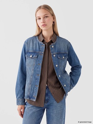 Lc Waikiki Yeni Sezon Indigo Bisiklet Yaka Kadın Jean Ceket
