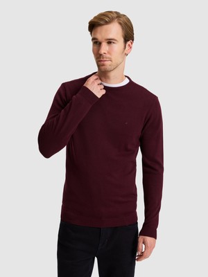 Cacharel Bordo Slim Fit Bisiklet Yaka Triko Basic Pamuk Karışımlı Kazak 50257379 VR014