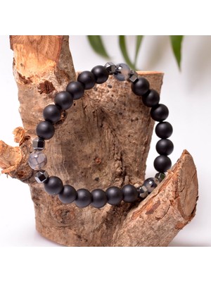 Taş Sandığı Mat Obsidyen Taşı Bileklik - Akik Ve Hematit Taşlı - 8 mm