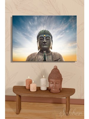 Şehber Meditasyon Pozunda Bronz Tonda Buda Heykeli Yatay Kanvas Tablo 4607