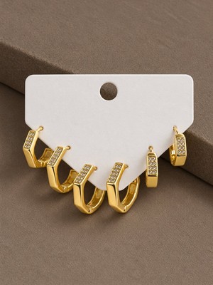 Serelya Petek Model Gold Renk Zirkon Taşlı Pirinç Kadın Küpe Seti