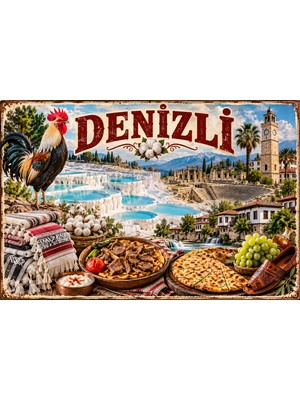 Lucena Denizli Pamukkale Temalı Retro Metal Duvar Tabelası Dekoratif Vintage Levha 15X20 cm