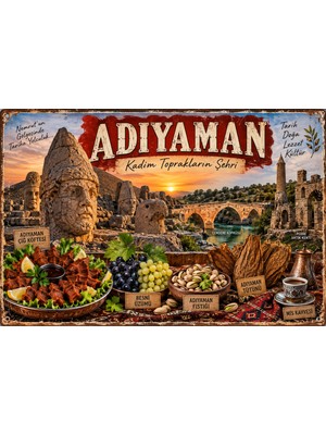 Lucena Adıyaman Retro Metal Duvar Tablosu Nemrut Dağı Yöresel Dekoratif Tabela 15X20 cm