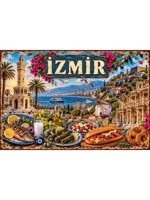 Lucena Izmir Retro Metal Tablo – Saat Kulesi, Kumru ve Ege Temalı Dekoratif Tabela 15X20 cm
