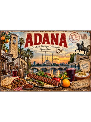 Lucena Adana Temalı Retro Metal Duvar Tablosu – Adana Kebap Taşköprü Büyük Saat Dekoratif Tabela 15X20 cm