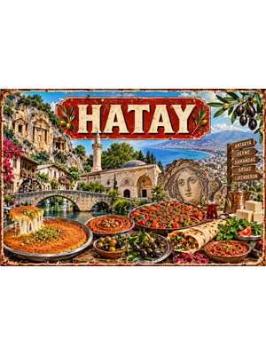 Lucena Hatay Retro Metal Duvar Tabelası Antakya Künefe Tarihi Dekoratif Levha 15X20 cm