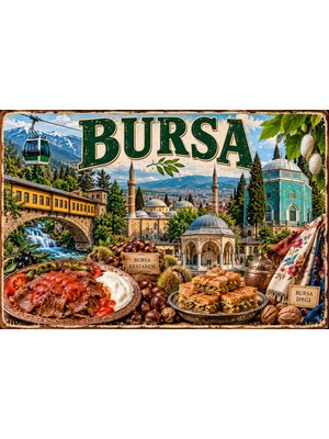 Lucena Bursa Retro Metal Duvar Tabelası – Uludağ, Iskender, Kestane Temalı Dekor 15X20 cm