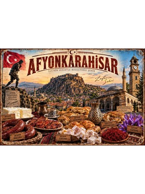 Lucena Afyonkarahisar Retro Metal Tablo – Afyon Kalesi, Kaymak ve Sucuk Temalı Dekor 15X20 cm