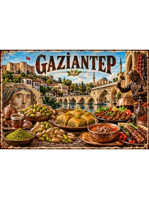 Lucena Gaziantep Retro Metal Duvar Tablosu Antep Temalı Dekoratif Vintage Tabela 15X20 cm