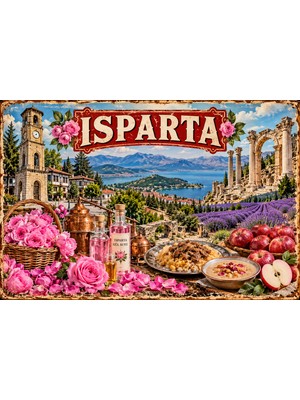 Lucena Isparta Retro Metal Duvar Tabelası Gül Lavanta Şehir Temalı Dekoratif Levha 15X20 cm