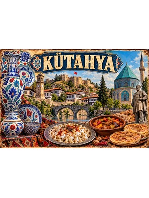 Lucena Kütahya Retro Metal Duvar Tabelası Çini Tarihi ve Yöresel Temalı Dekor  15X20 cm
