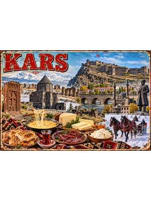 Lucena Kars Temalı Retro Metal Duvar Tablosu – Ani Harabeleri ve Yöresel Lezzetler 15X20 cm