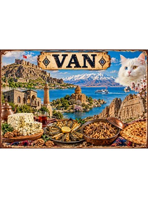 Lucena Van Temalı Retro Metal Duvar Tabelası – Van Gölü, Van Kedisi ve Yöresel Lezzetler 15X20 cm