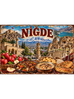 Lucena Niğde Retro Metal Tablo – Yöresel Lezzetler ve Tarihi Şehir Dekorasyonu 15X20 cm