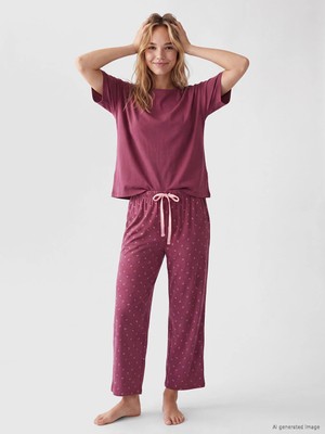 Lc Waikiki Yeni Sezon Mürdüm %100 Pamuklu Kadın Kaprili Pijama Takımı