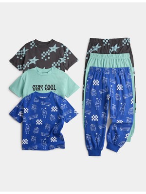 Marks & Spencer 3'lü Saf Pamuklu Grafik Baskılı Çocuk Pijama Takımı