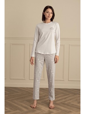 Sevim Kadın Uzun Kol Bulut Desenli Ekru Pijama Takımı C7T5N281