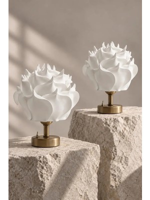 Maison Avf 2'li Dekor Yapay Eva Gül Kablosuz Masa Lambası Üst Beyaz-Alt Eskitme Gold (9V Kare Pil) (2 Adet)