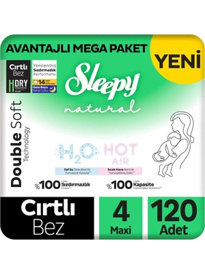 Sleepy Natural Double Soft Avantajlı Mega Paket Bebek Bezi 4 Numara Maxi 120 Adet