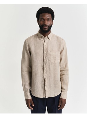 Gant Men's Beige Regular Fit Button-Down Collar Linen Shirt