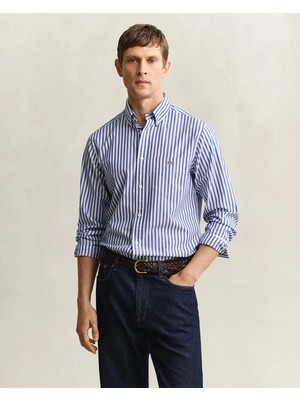 Gant Men's Blue Regular Fit Striped Logo Shirt