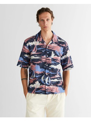 Gant Men's Navy Relaxed Fit Classic Collar Patterned Shirt