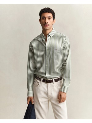 Gant Men's Green Regular Fit Striped Logo Shirt
